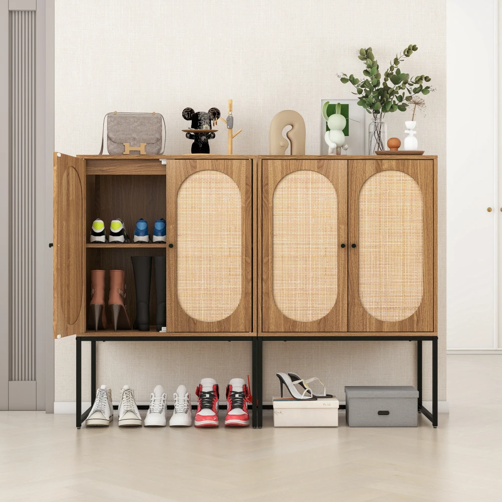 2 Door High Cabinet, Rattan, Built-in Adjustable Shelf, Easy Assembly, Free Standing Cabinet for Living Room Bedroom