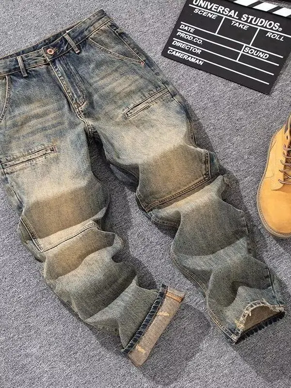 

Loose Straight Leg Jeans Men's Retro Youth Patchwork Yellow Mud Color Casual Long Pants Spring Autumn Trendy Wear Resistant