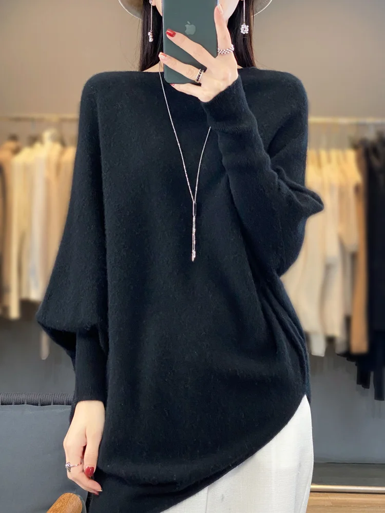 2024 Spring Autumn Women Long-Sweater 100% Merino Wool Knitwear Sweater Fashion Casual O-Neck Pullover Loose Women Bat Shirt