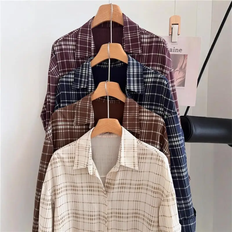 Camisa de rejilla retro azul para primavera y otoño para mujer, nuevo modelo de otoño, abrigo de manga larga de estilo francés, básico etéreo sofisticado informal