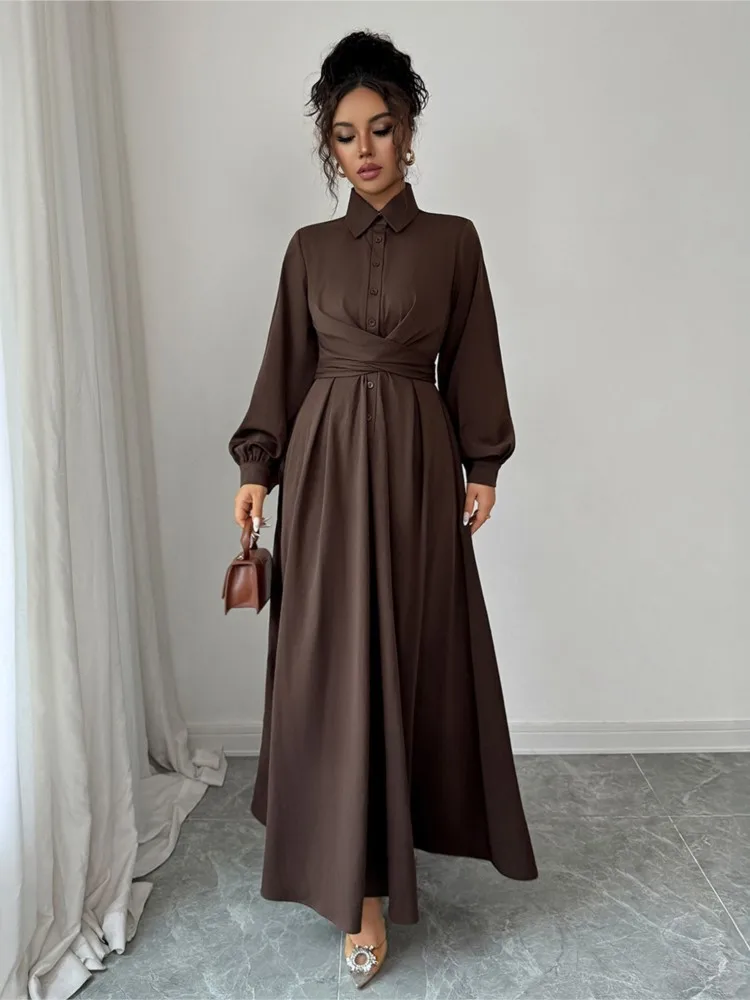 

2025 Autumn Dress For Woman Trendy Long Sleeve Cinched Waist Bubble Sleeve Solid Color Long Dresses Elegant Vestidos Para Mujer