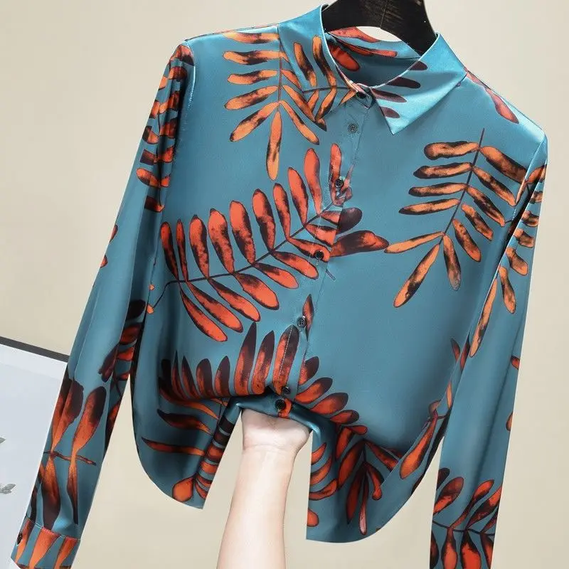 

Leaf Print Stain Casual Shirt Spring Summer Fashion Blouse for Female 2023 Korean Style Turn Down Collar OL Elegant Clothing