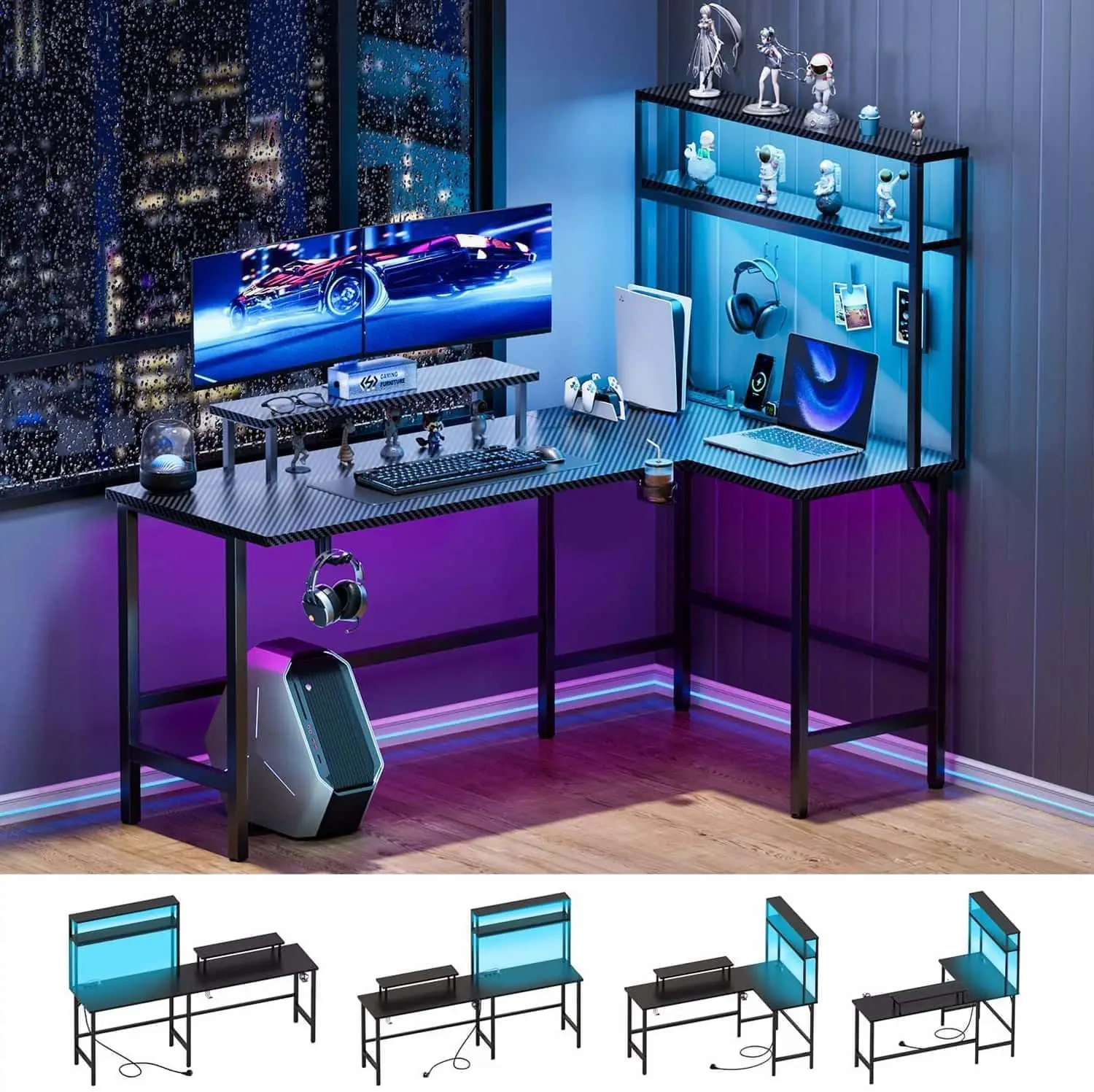 

L Shaped Gaming Desk with LED Light & Storage Shelves, 67 Inch Reversible Computer Table with Power Outlet, Corner Game
