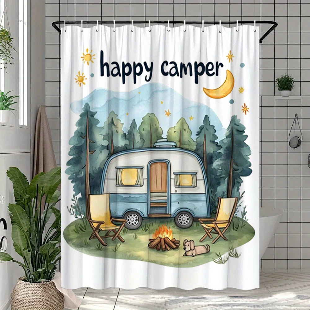 Camping Shower Curtain - Airstream Trailer, Pine Trees, Campfire & Dog Design with Happy Camper Text