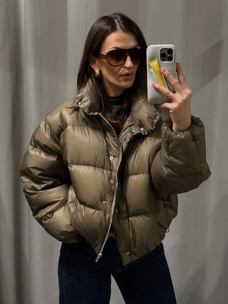 Hh moda feminina jaquetas gola alta mangas compridas bolso único breasted curto casaco de algodão mulher chique rua casacos de inverno quentes