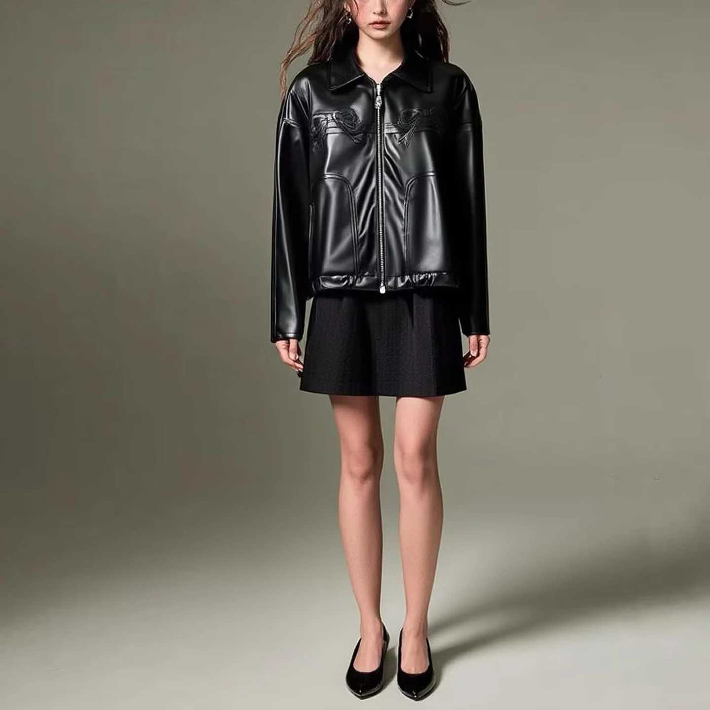 Modny Damski Skórzany Żakiet z Węzłem, Letnia Nowość 2025, Długi Płaszcz z Poliestru, Zapinany na Zamek