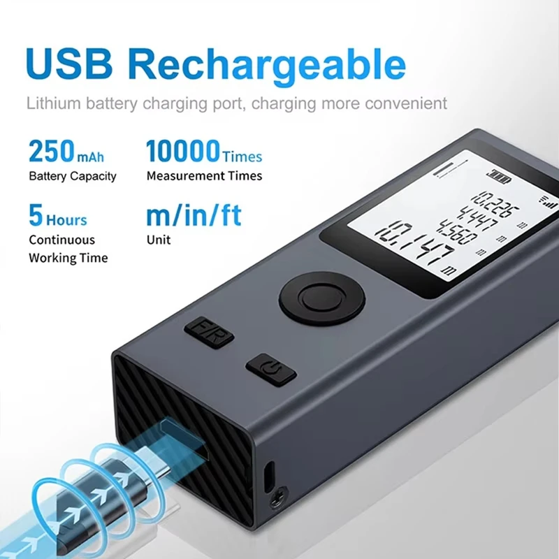 AT02-Mini Laser Telêmetro Digital Fita Métrica Laser Régua Carga USB Liga de Alumínio Fuselagem Distância de Medição: 60M