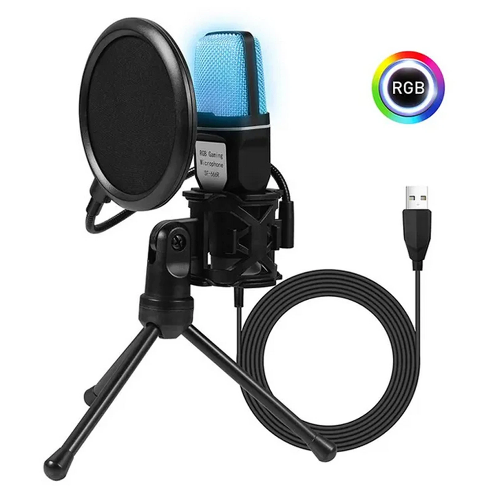 Wired Microphone Professional Video Recording RGB Gaming Microphone Noise Reduction Mic With Stand For Podcast Recording Studio