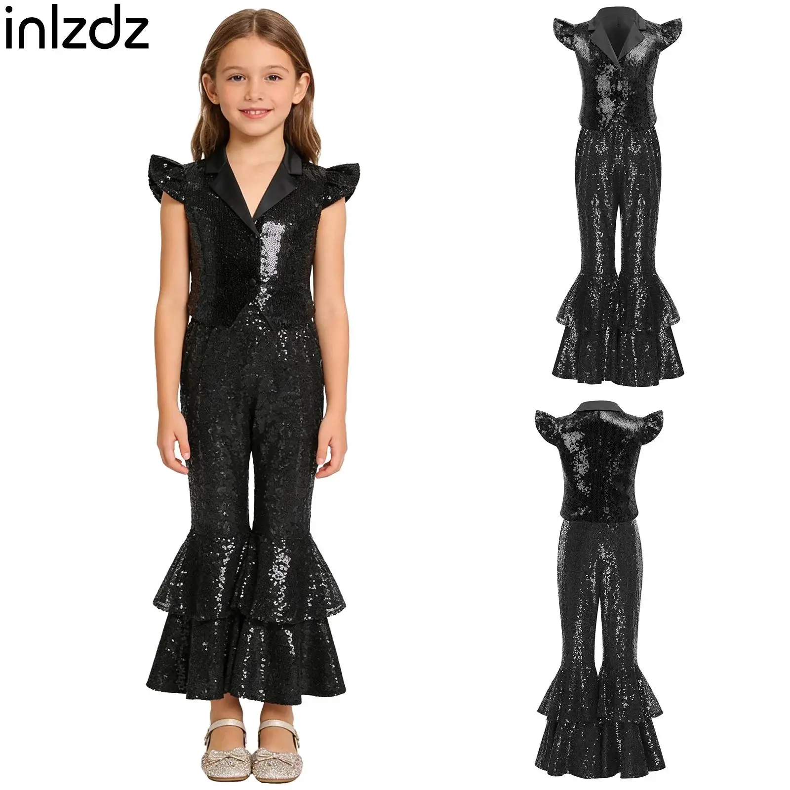 

Kids Girls Stage Pageant Party Clothing Fly Sleeve Crop Vest Top And Long Pants Set Glittery Sequin Disco Jazz Dance Clothing