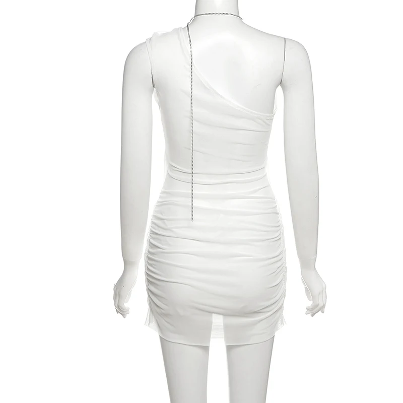 Robe transparente pour femmes, Coquette Sexy, chaînes métalliques irrégulières, col incliné, mi-haut, fête, Clubwear, froncé, moulante