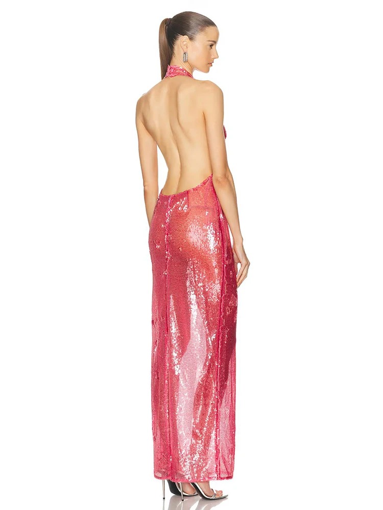 VC-Robe longue à col en V profond pour femmes, licou, paillettes transparentes, dos nu, mince, célébrité, cocktail, soirée, quelque soit