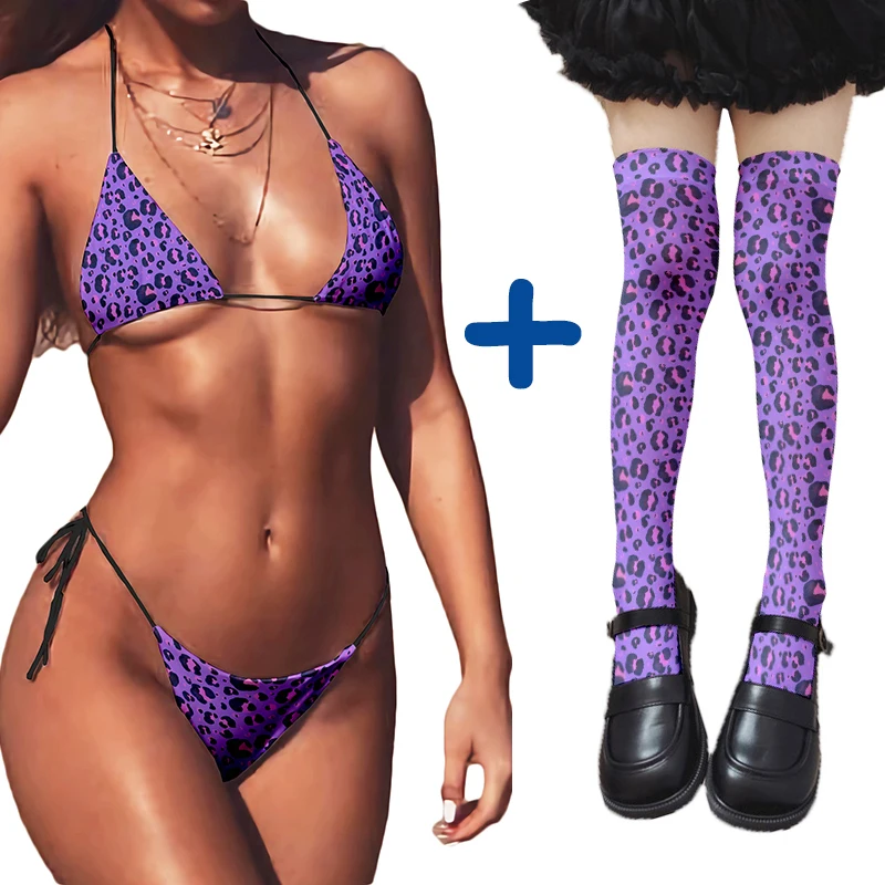 

Fashion Sexy Bikini New Leopard Print Swimsuit Two-Piece Beach Bikini Female Push-up Ladies Over-the-knee Stockings Combination