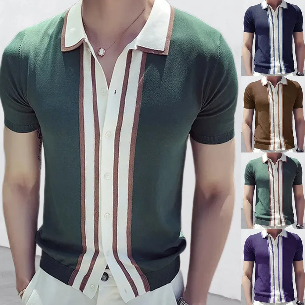 

2024 summer new Polo shirt men's slim-fitting short-sleeved lapel color matching POLO knitted sweater men's clothing