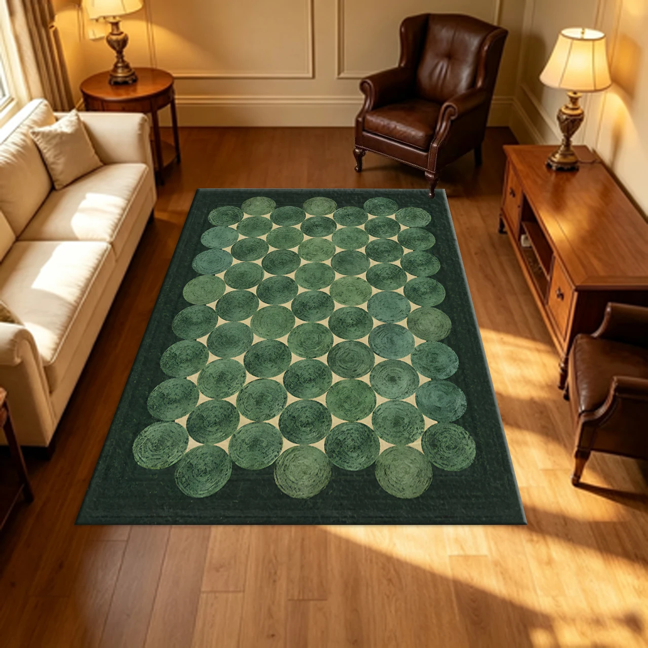 Dark Green Concentric Circle Geometric Pattern Carpet