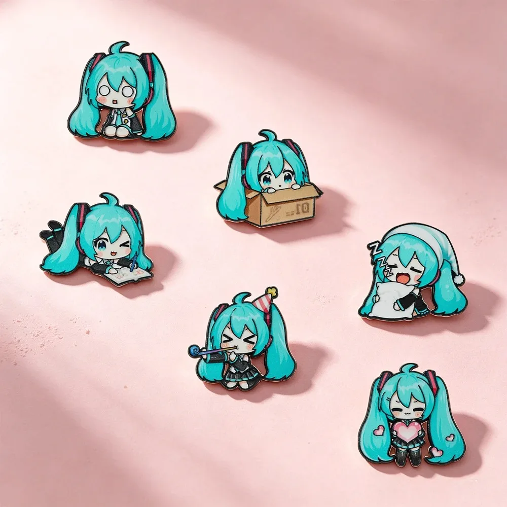 --*6pcs Kawaii Chibi Enamel Pin Set Multi-Pose Vocaloid Anime Brooches, Aesthetic Metal Lapel Badges for Backpack Perfect Gift