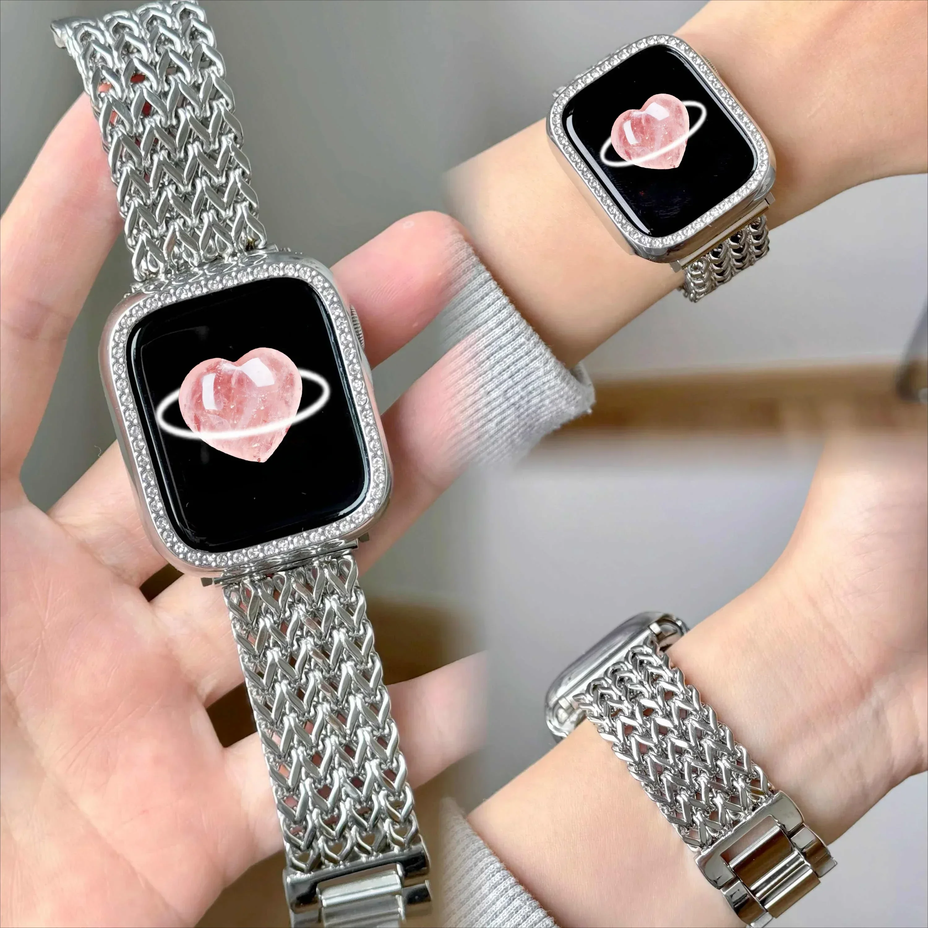 

Luxury Stainless Steel Band For Apple Watch 9 8 7 6 SE 5 3 45/44/42/41mm Metal Braided Bracelet Correa iWatch Ultra 49mm 40 38mm