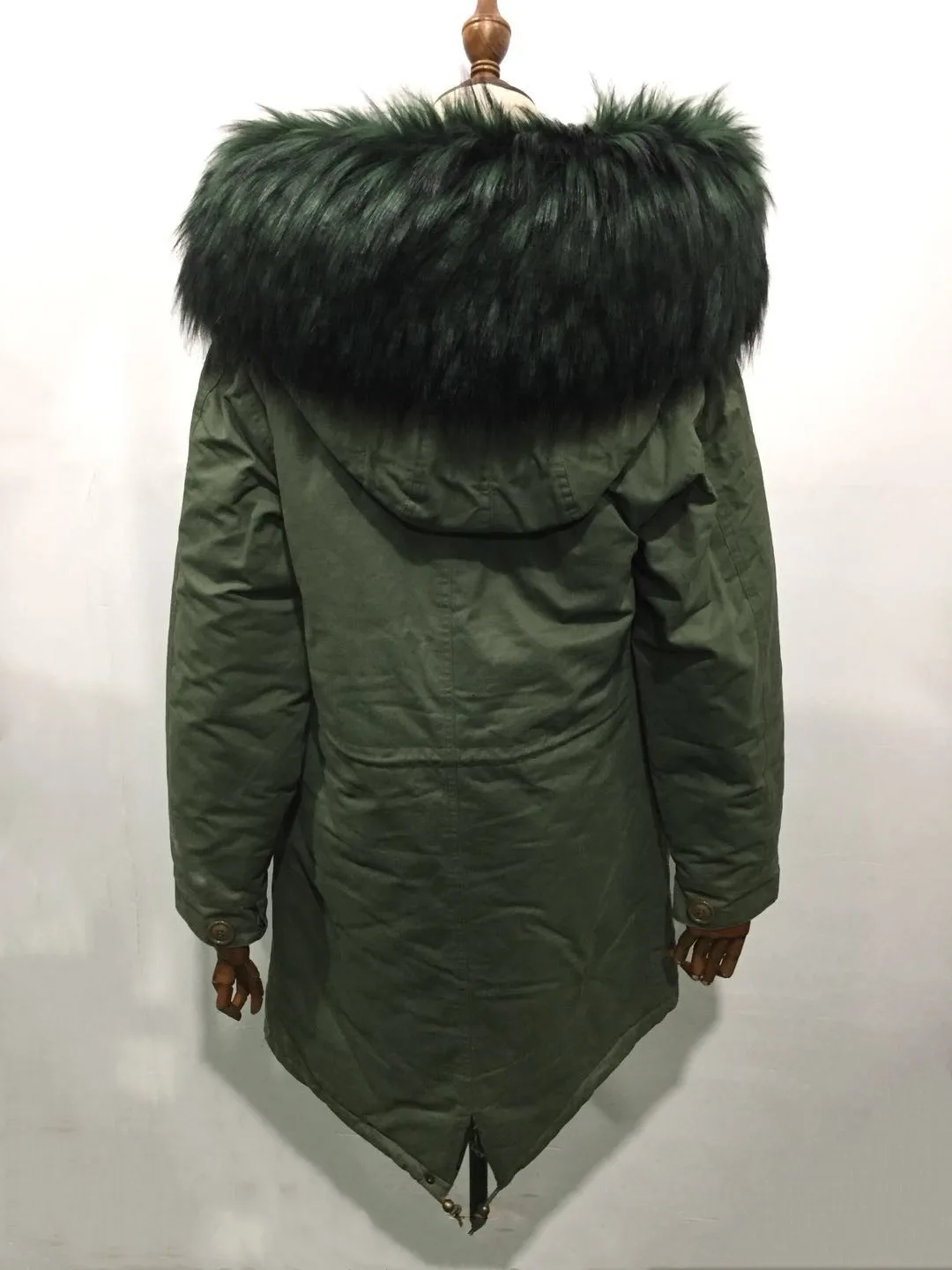 Fashionable All Green Long Parka Plaid Cotton Lining Winter Women&Men Coat Big Faux Fur Collar Jacket