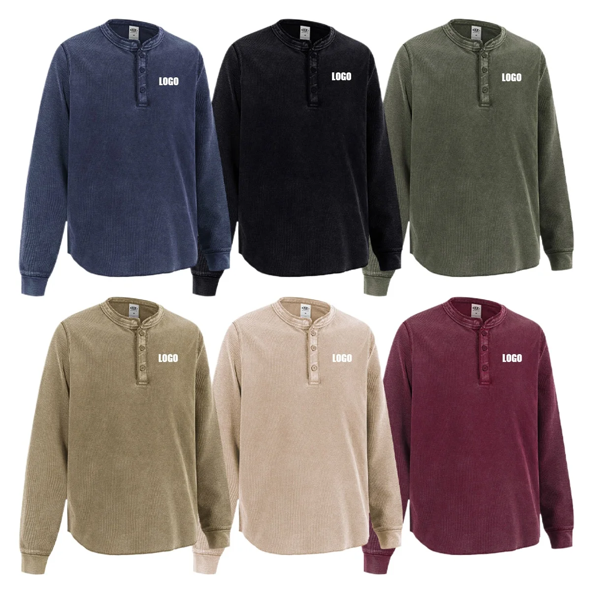 Custom LOGO Men's Autumn Clothing 325G Waffle Batik Washing Water Old Button Crew Neck Long Sleeve T-Shirt