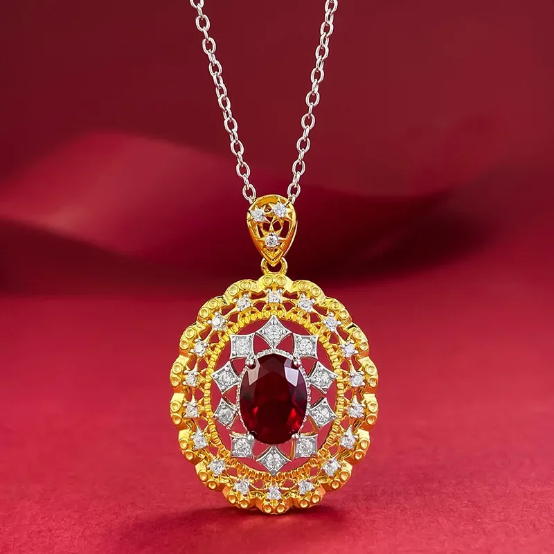 New S925 Italian Craft Palace Style 6 * 8 Pigeon Blood Ruby Necklace Pendant Women's Wedding Jewelry