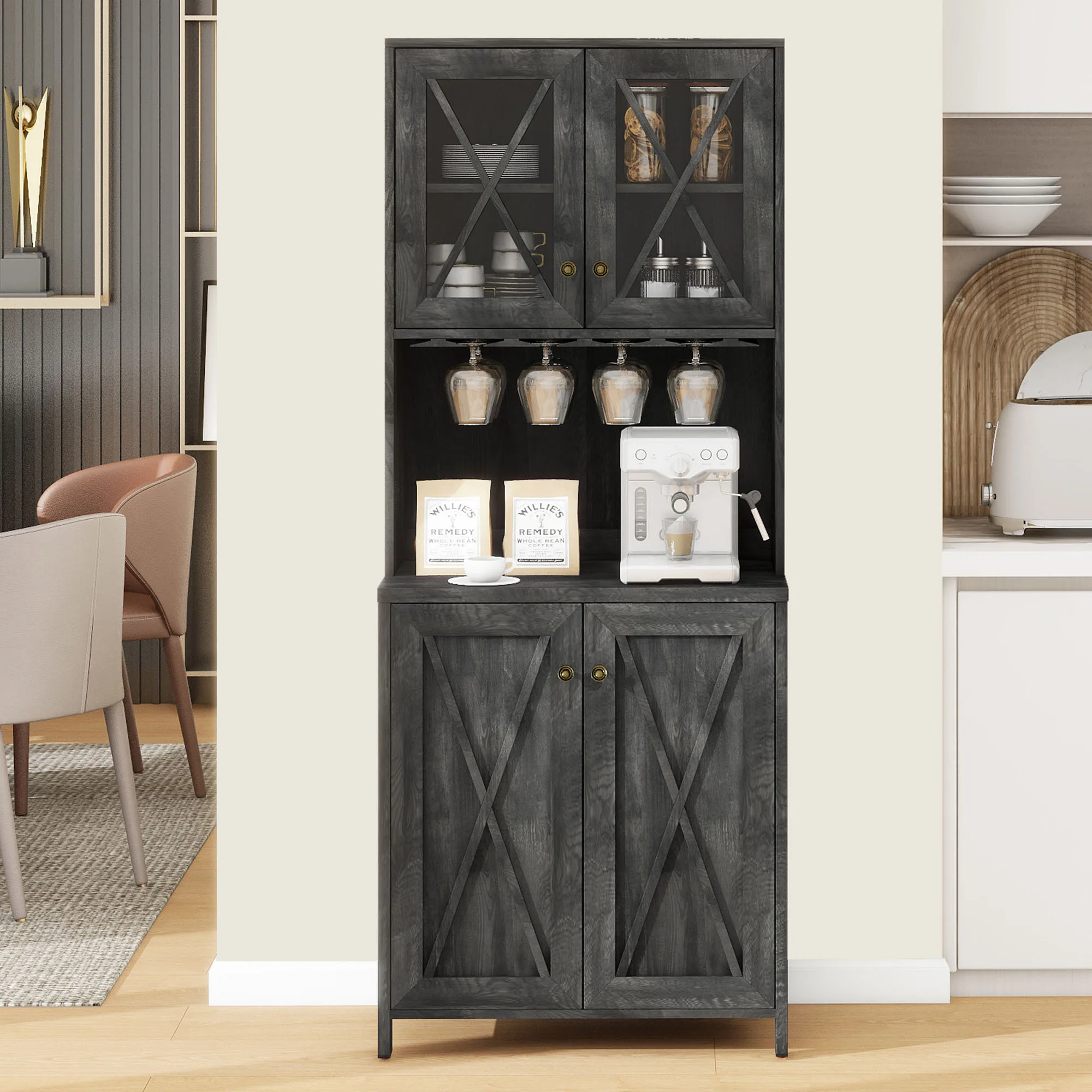 Tall Liquor Cabinet Corner Home Bar Pantry Cabinet with Wine Rack Glass Holder Living Room Cabinets Many Storage Layers