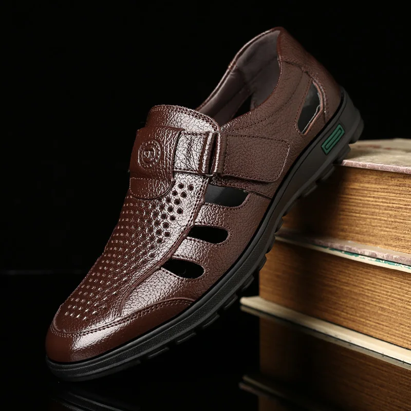 

Men's Genuine Leather Sandals Men Summer Hollow Breathable Leather Shoes Mens Casual Soft Comfortable Flats Eu Sizes 38-48
