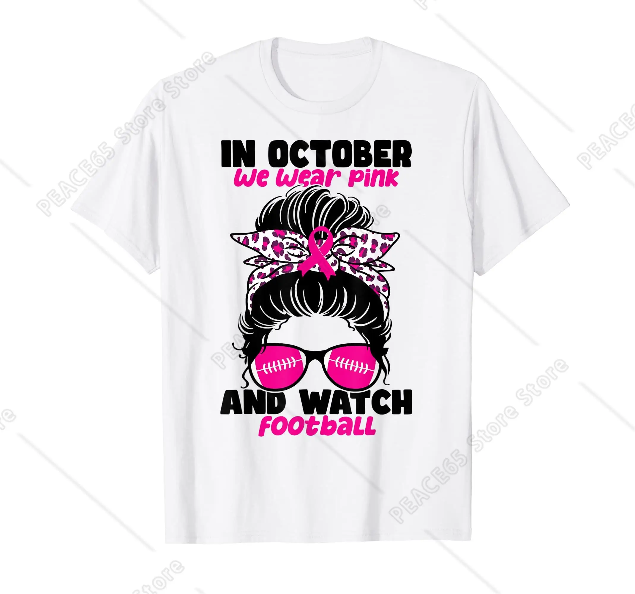 

In October We Wear Pink And Watch Football Breast Cancer T-Shirt Gothic Halloween Clothes Cotton Short Sleeve