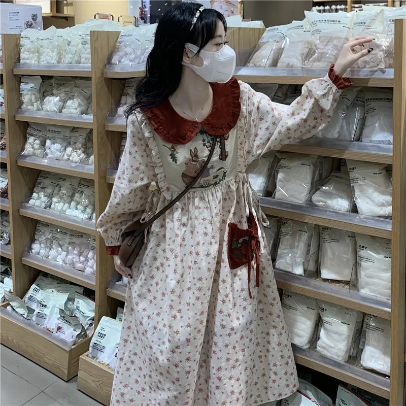 Mori Girl Style Sweet Retro Doll Collar Floral Maxi Dress primavera autunno manica lunga a-line Vintage Kawaii abiti lunghi per le donne