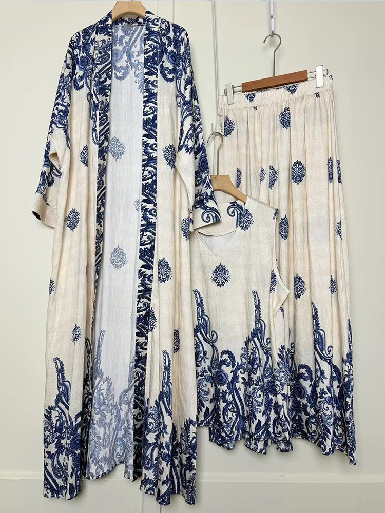

Retro geometric print long cardigan + vest three-piece set for 2025 autumn women's wear + loose pants and skirt fashion set