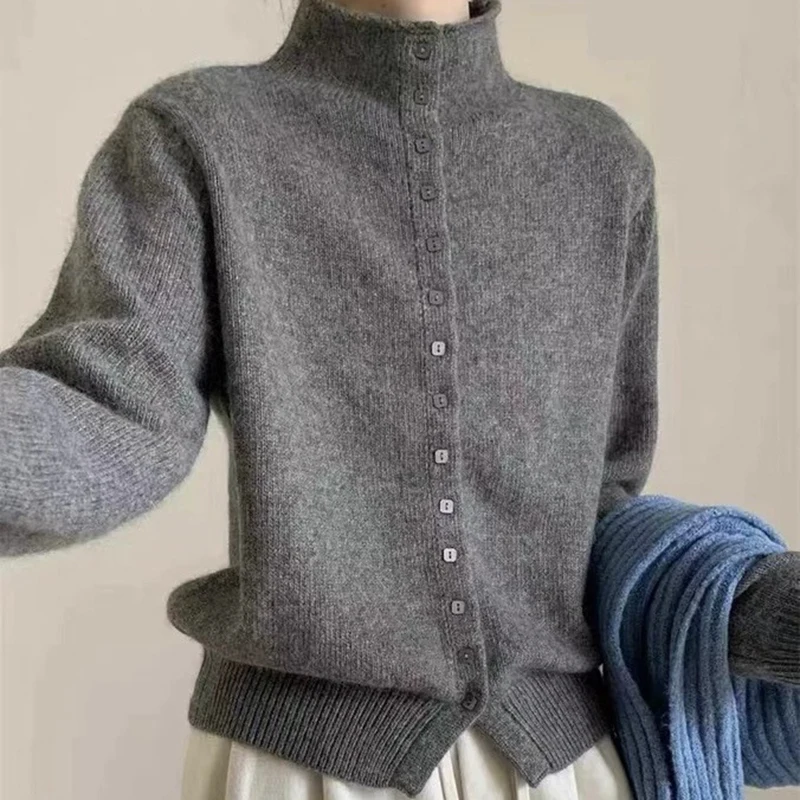 Women Stand Collar Button Down Knit Cardigan Sweater Korean Style Casual Knitwear Solid Color Soft Knitted Top for Autumn Winter