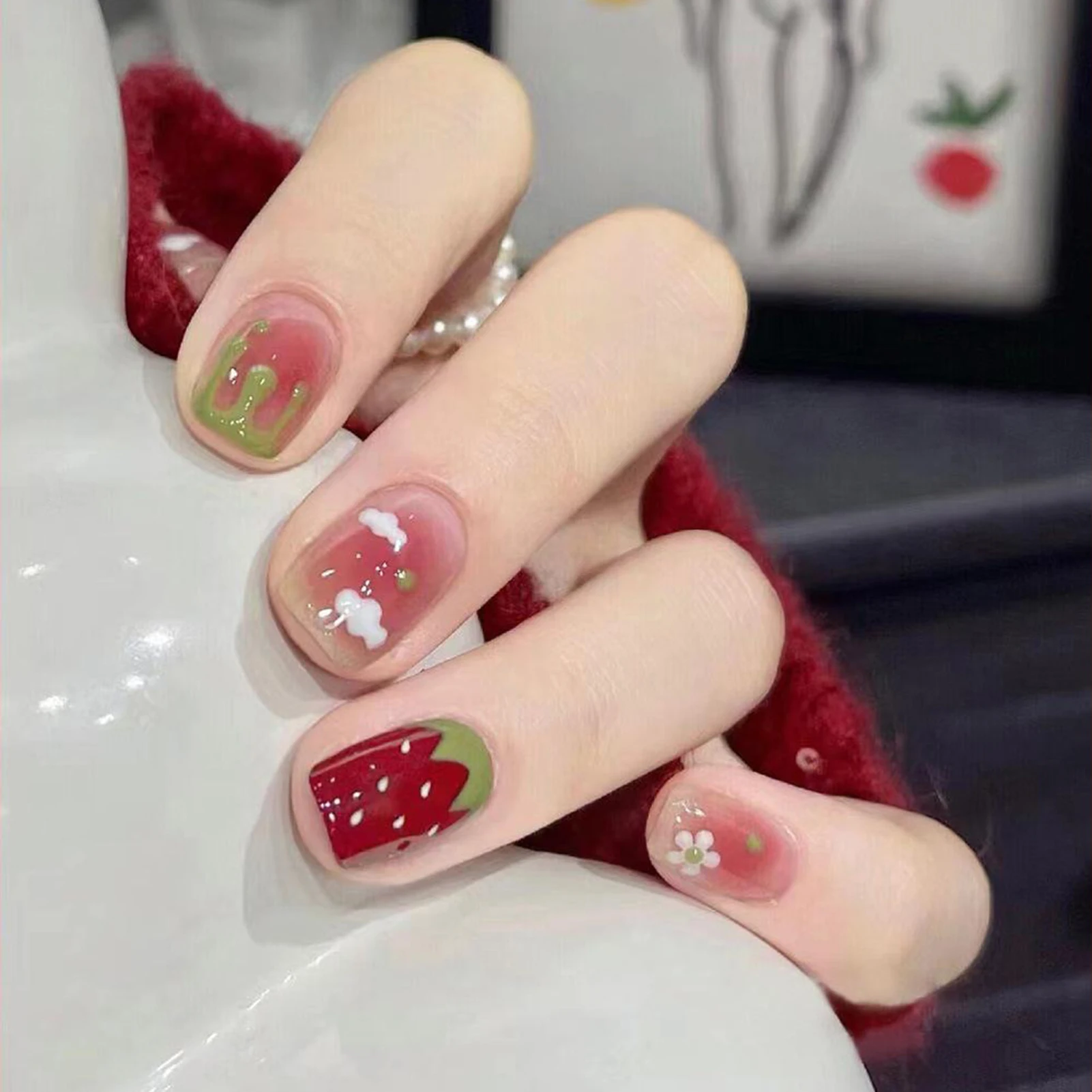 Glossy Blush Press on Nails with Flower Decor with Harmless and Smooth Edge Nails for Hot Girl Dress Matching