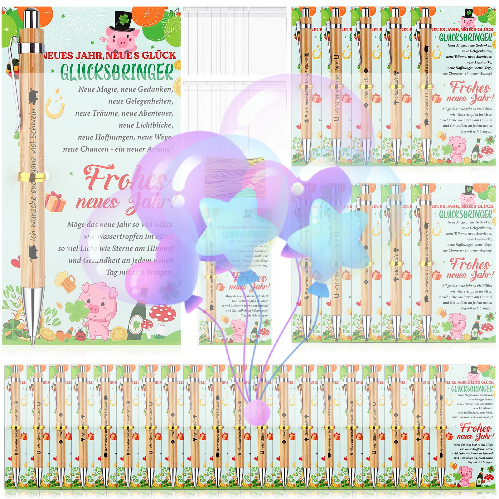 30 قطعة من أقلام حبر جاف من الخيزران للعام الجديد، أقلام حبر جاف مخصصة، حقيبة بطاقات السنة الجديدة للمعلم والزميل والموظفين #1