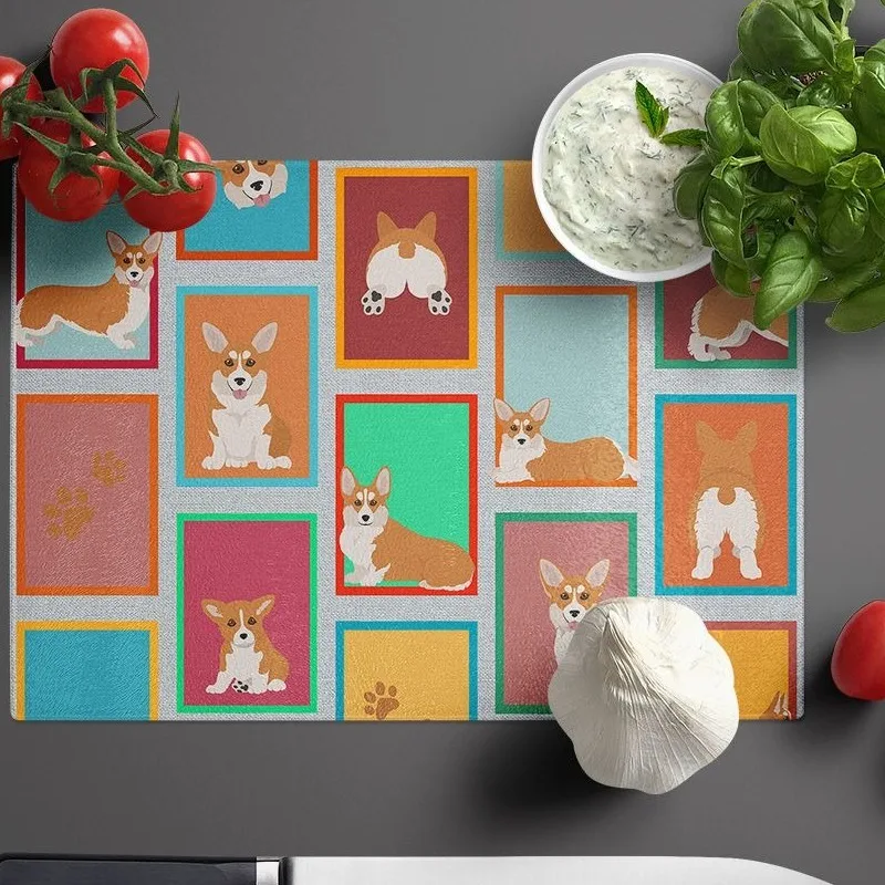 

Colorful Pembroke Corgi Glass Cutting Board Decorative Tempered Glass Kitchen Cutting Serving Board Large Chopping Board