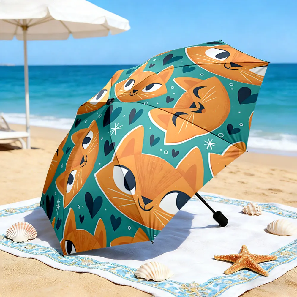 1PC Colorful Cat Pattern Umbrella by the Lakeside Print 8 Iron Ribs Folding Umbrella Auto-Open Fashion Sunshade