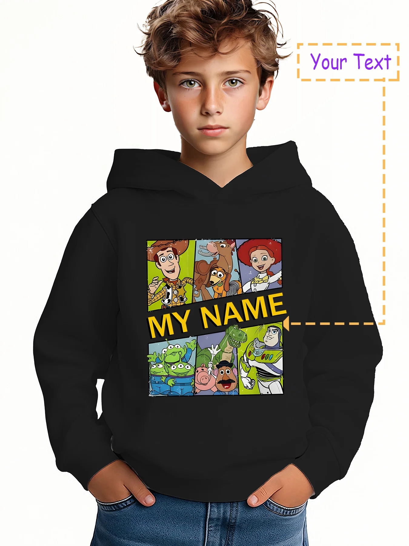

MINISO Toy Story 9-Pattern Hoodie - Featuring a 9-pattern grid of Toy Story characters and a striking "MY NAME" design. Official