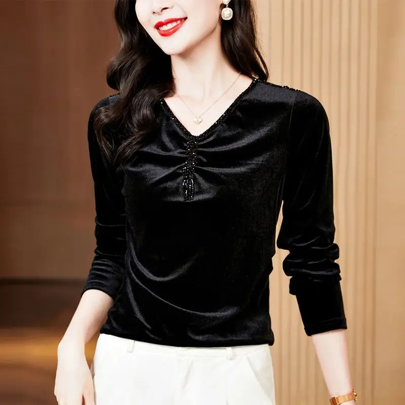 Vintage Elegant V-Neck Velvet Shirt Spring Autumn Stylish Beading Tassel Casual Folds Female Clothing Commute Basic Slim Blouse