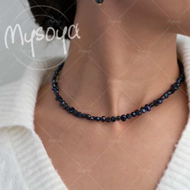 MYSOYA 4-5mm Black Colored Baroque Pearl Necklace,Suitable for Birthday/Anniversary/Wedding/Mother's Day/Father's Day Gift A0944