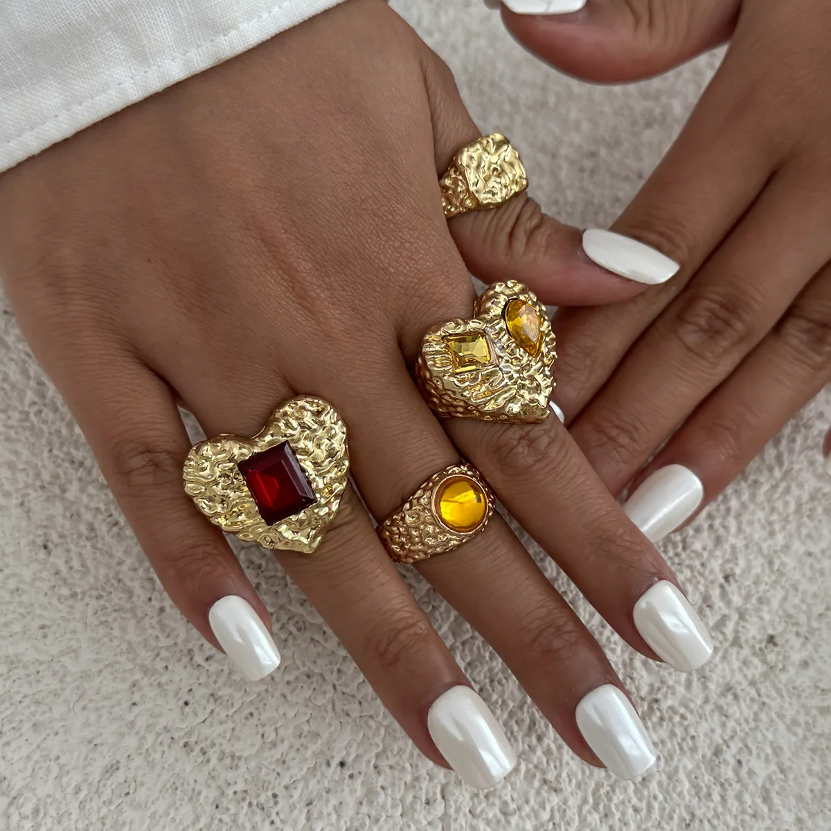 Lava Heart Knuckle Ring Set – Modern Stackable Square Crystal Inlaid Jewelry for Women Light Gold Silver Rings 6569
