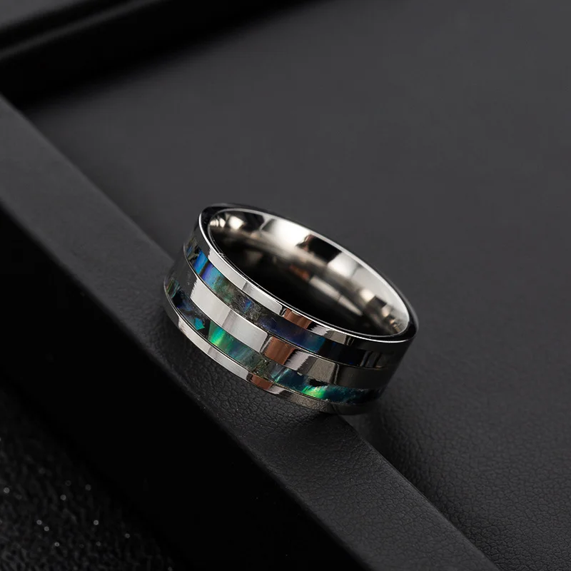Kissmoon High Quality Stainless Steel Punk 8mm Wide Ring for Men Women Inlaid Abalone Shell Finger Ring Couples Jewelry Gift - view 3