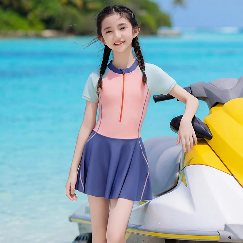 Girls Swimming Costume One Piece Swimsuit with Skirt Short Sleeves Sports Bathing Suit Kids Summer Swimwear Swim Suit for Girls