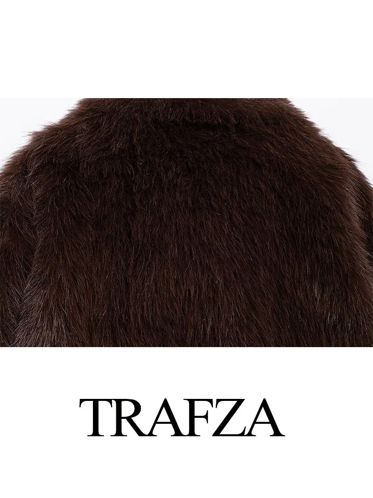 TRAFZA Women Winter Warm Coat Faux Fur Jackets Woman Elegant Brown Casual Loose Long Sleeves Buttons Turn-Down Collar Outerwear