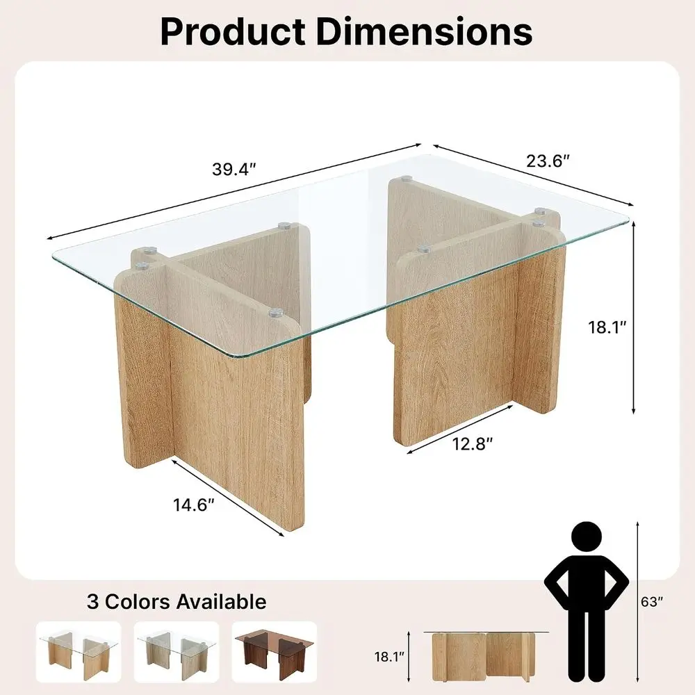 Glass Coffee Table, 39.4 Inches Rectangular Center Table | Solid Wood Base, Easy Assembly, Tempered Glass Top, Natural