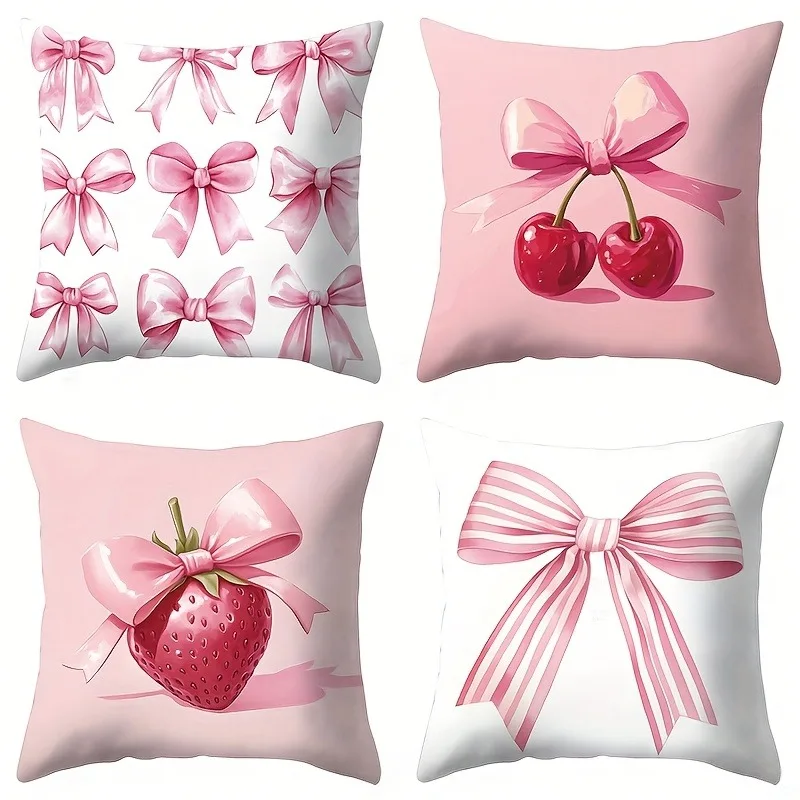 4pcs Valentine's Day Pink Bow & Fruit Print Pillowcases: Sweet and Charming! Sofa cushion cover home bedroom decoration