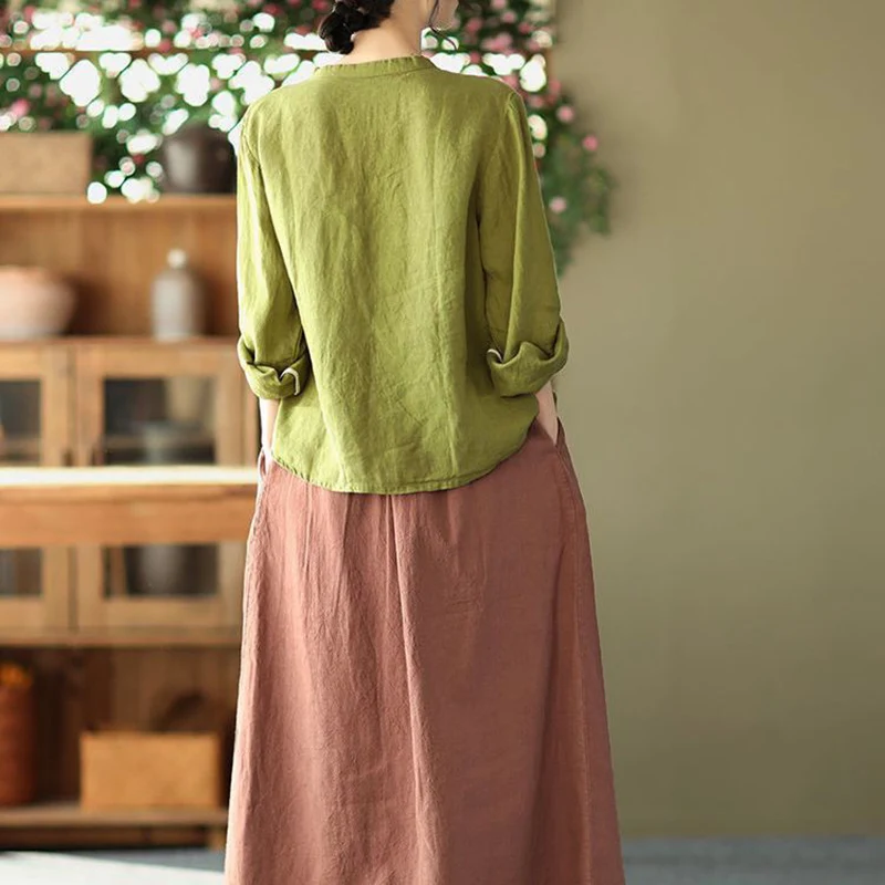 Vintage O-Neck Button Spliced Loose Embroidery Blouses Female Clothing 2024 Autumn New Oversized All-match Tops Casual Shirts