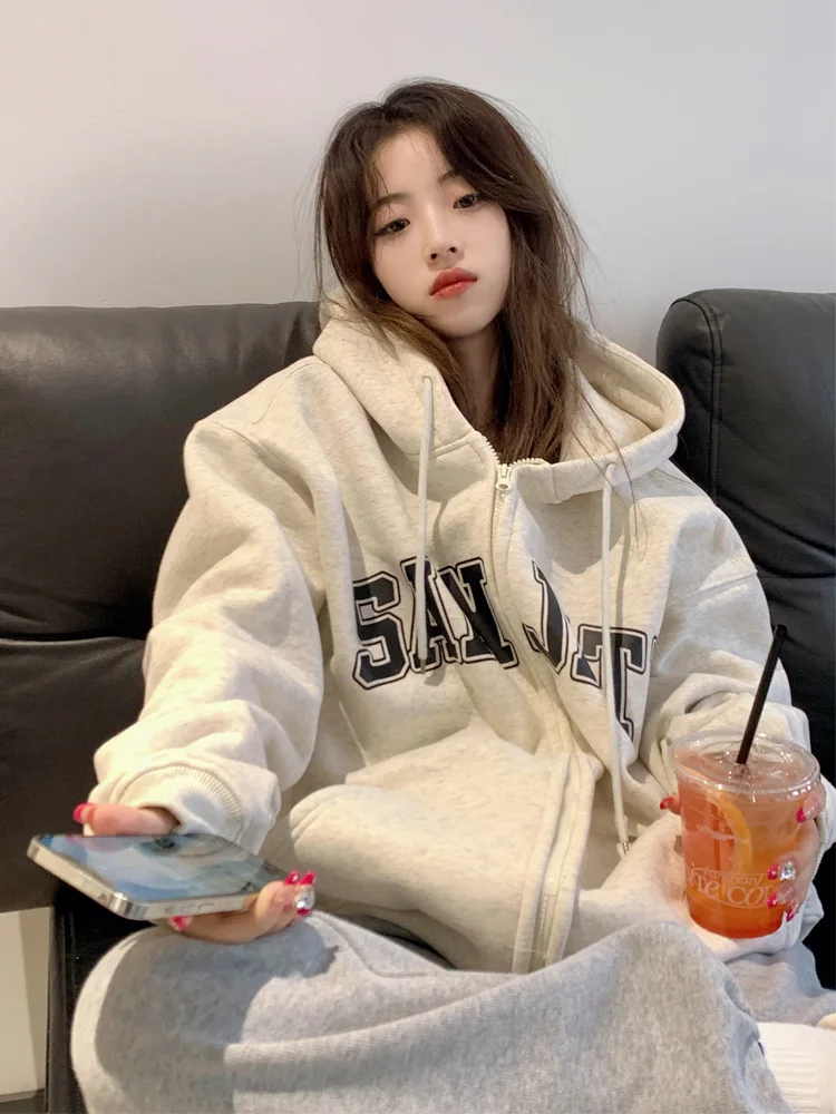 Women Fashion fall Loose Long Sleeve Print Cardigan Vintage Zip up Hooded Sweatshirt Hoodies Casual Autumn Couple Tops with hat