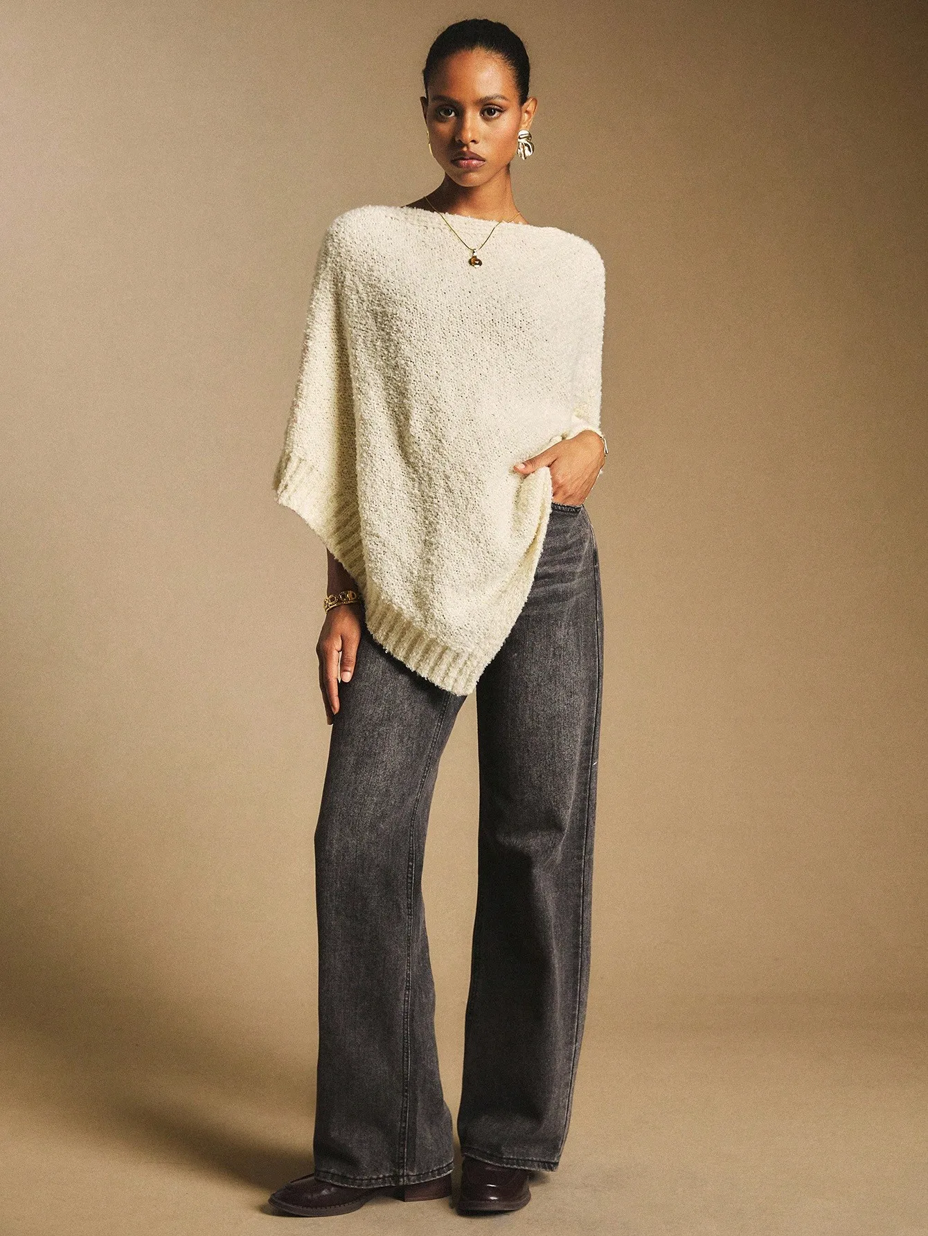 

Кремовый асимметричный свитер-пуловер свободного кроя для женщин, уютная повседневная одежда на осень-зиму