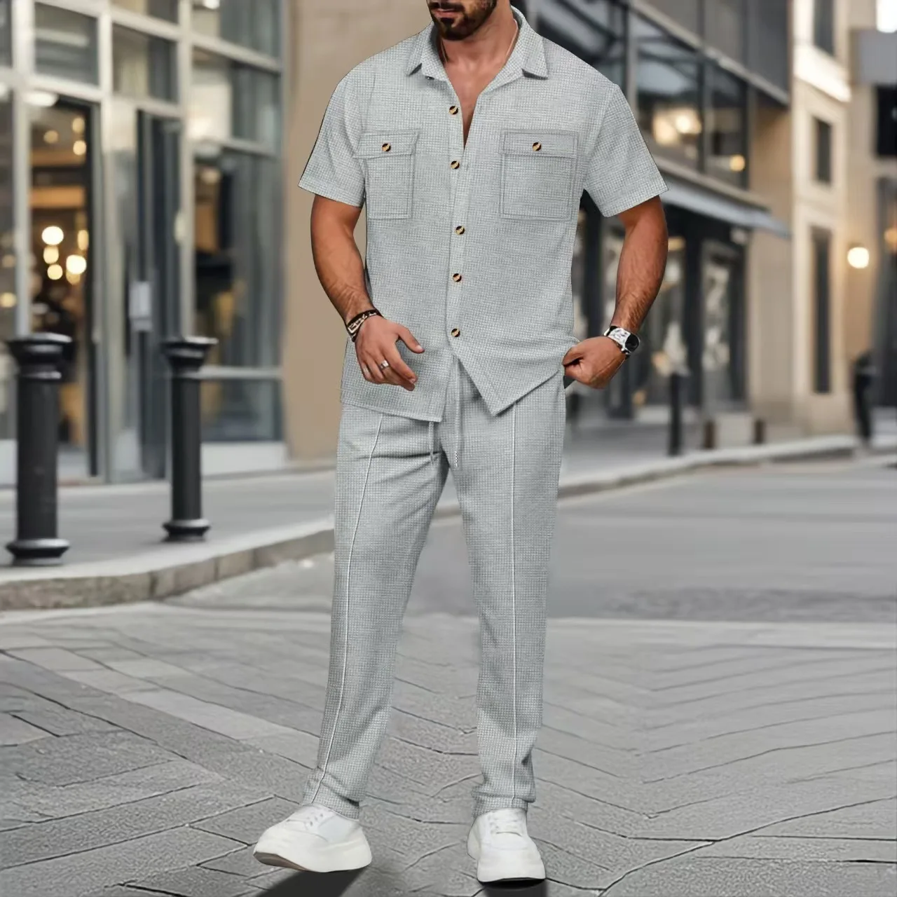 2025 Cross border Men's Euro American Independent Free Summer New Solid Color Button Pocket Shirt Short Sleeve Pants Two Piece S