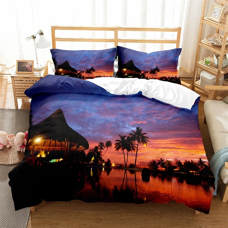 Tropical Island King Queen Full Duvet Cover Ocean Scenery Bedding Set Hawaii Sea Quilt Cover 2/3pcs Polyester Comforter Cover