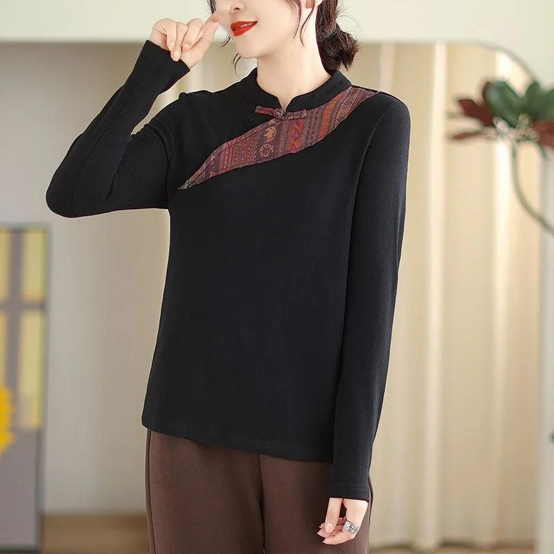 Chinese Style Women's Stand-up Collar T-shirt Autumn and Winter Temperament Age-reducing Printing Patch Base Top