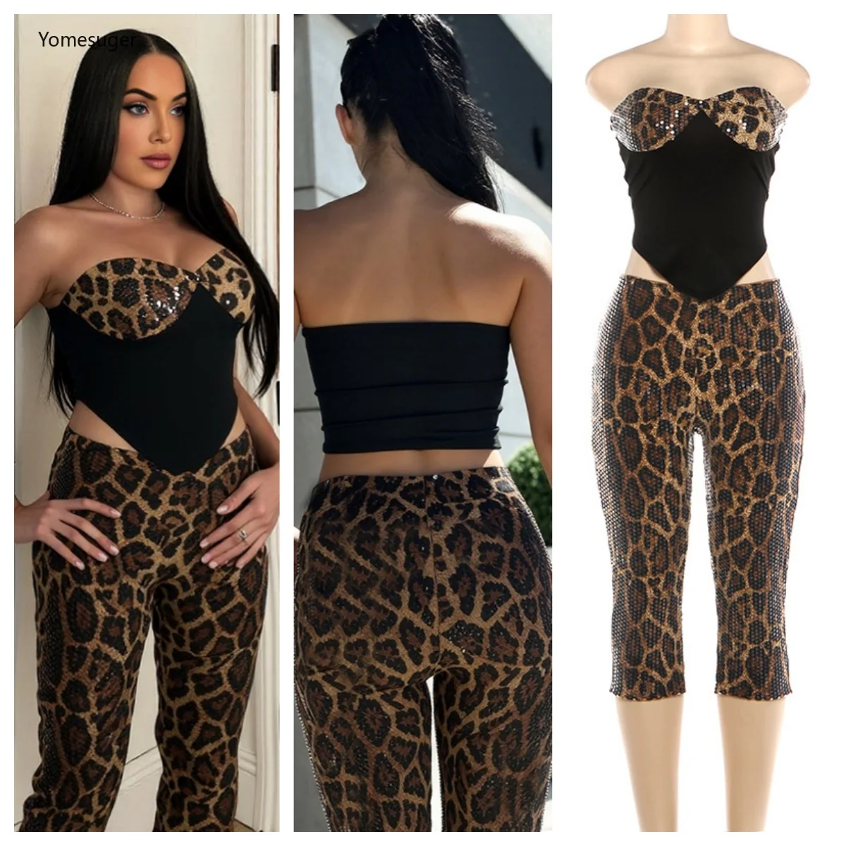 Yomesugar Sequin Leopard Print 2 Piece Set Women Patchwork Asymmetric Strapless Tank Top+Capri Pants Matching Party Club Outfits