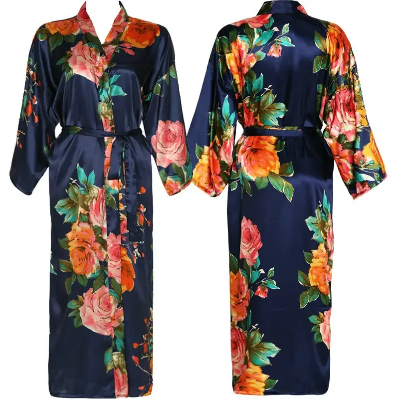 

Long Kimono Robe Floral Print Bathrobe Women Satin Sleepwear Sexy Bridesmaid Wedding Dress Ics Silk Intimate Lingerie Nightgown